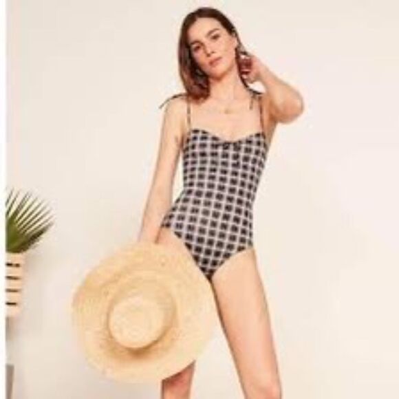 Reformation Swimsuit Maraca Black Plaid Tie Straps Parque $128 XS - Picture 1 of 7
